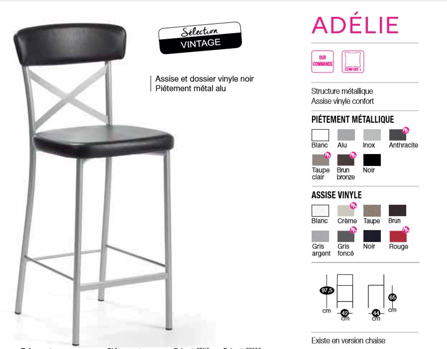 Tabouret hauteur plan de travail assise et dossier vinyle ADELIE